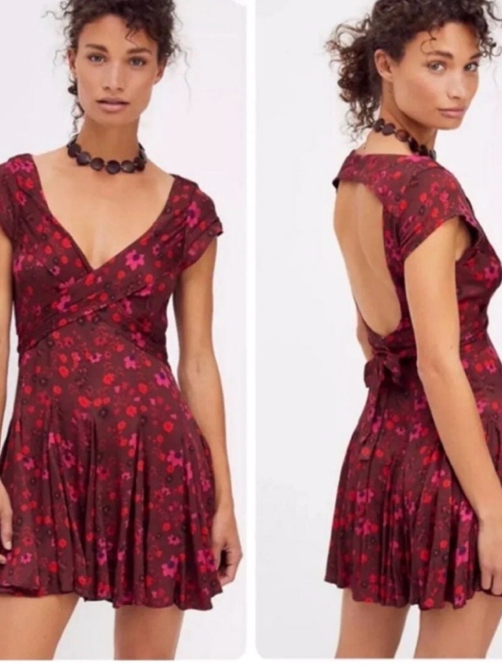 Free People It Takes Two Skater Burgundy and Pink Open-Back Floral Mini Dress